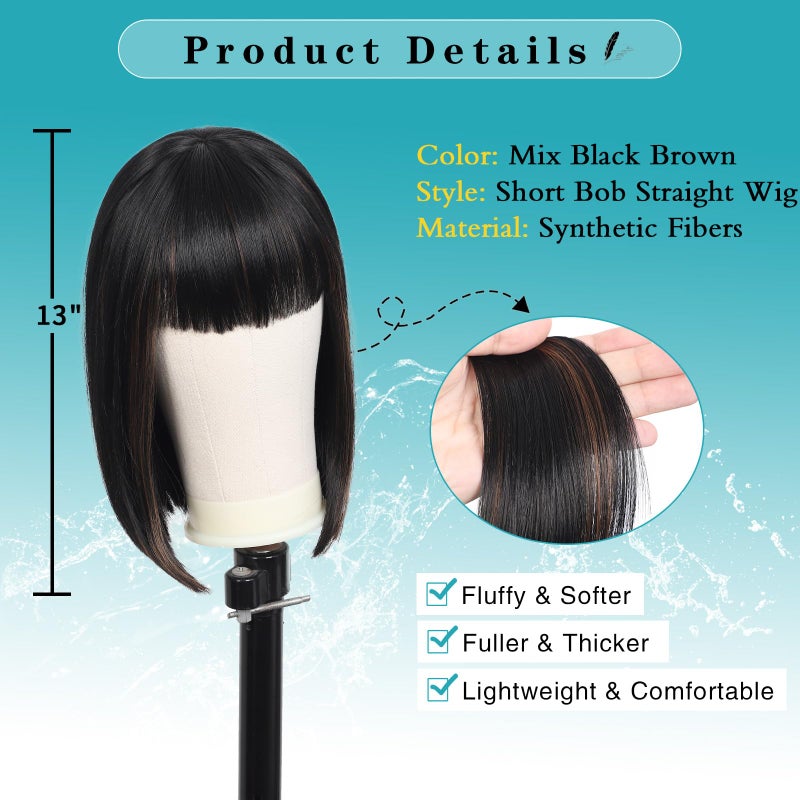 Kalyss Bob Wigs for Women Short Straight Bob Wig with Hair Bangs Natural Looking Heat Resistant Synthetic Hair Wigs for Women 13 Inches (Mix Black Brown) - Image 2
